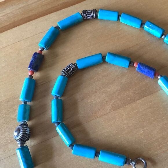NWOTsterling SILVER 925 VINTAGE TURQUOISE/LAPIS/CORAL SILVER BEADS NECKLACE - Picture 5 of 6
